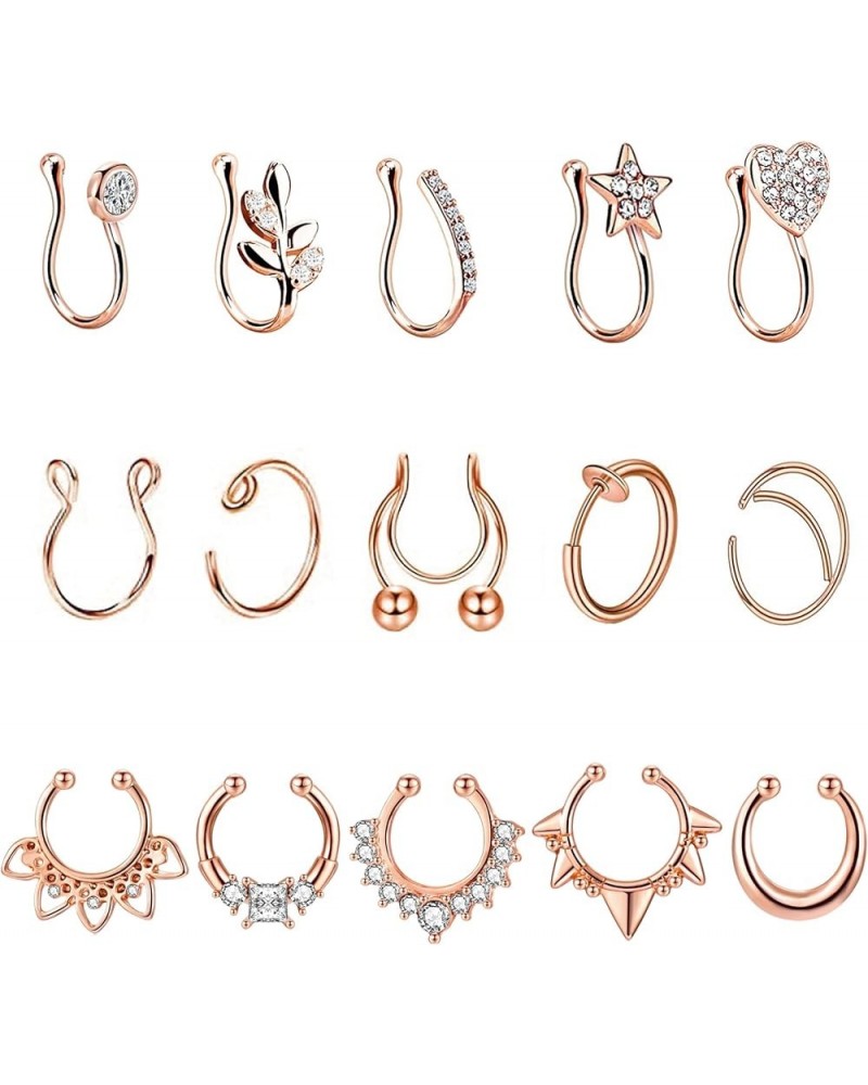 15 Pcs Stainless Steel Fake Nose Ring Hoop for Men Women Faux Septum Piercing Ring Fake Nose Cuff Rose Gold $8.39 Body Jewelry