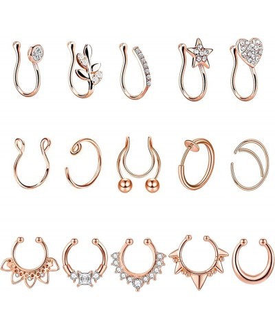 15 Pcs Stainless Steel Fake Nose Ring Hoop for Men Women Faux Septum Piercing Ring Fake Nose Cuff Rose Gold $8.39 Body Jewelry