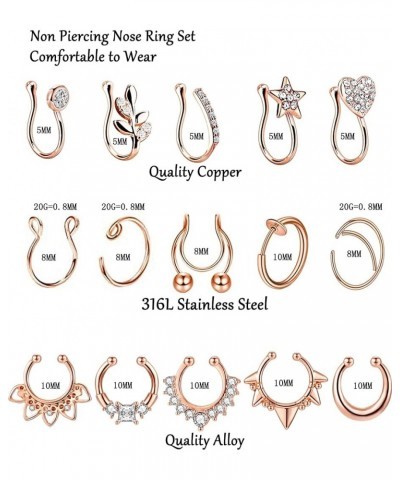 15 Pcs Stainless Steel Fake Nose Ring Hoop for Men Women Faux Septum Piercing Ring Fake Nose Cuff Rose Gold $8.39 Body Jewelry