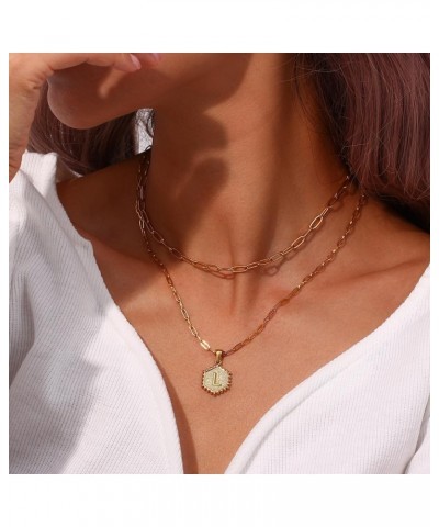 18K Gold Plated Layered Initial A-Z Pendant Necklaces Paper Clip Chain Hexagon Letter Pendant Chunky Gold Necklaces for Women...