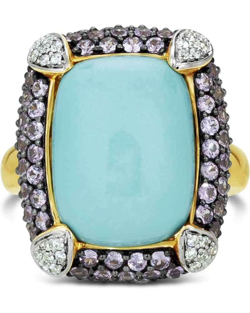 14K Yellow Gold, Cushion Shaped Turquoise Cabochon, Pink Sapphire & 1/6 Cttw White Diamond Statement Ring (H-I Color, SI2-I1 ...