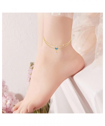 14K Real Gold Butterfly Anklets for Women Girls,Solid Gold Blue Opal Butterfly Ankle Bracelet Layered Foot Anklet Sea Beach J...