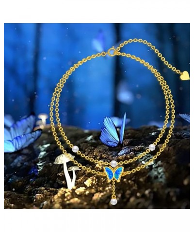 14K Real Gold Butterfly Anklets for Women Girls,Solid Gold Blue Opal Butterfly Ankle Bracelet Layered Foot Anklet Sea Beach J...