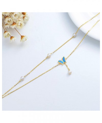 14K Real Gold Butterfly Anklets for Women Girls,Solid Gold Blue Opal Butterfly Ankle Bracelet Layered Foot Anklet Sea Beach J...