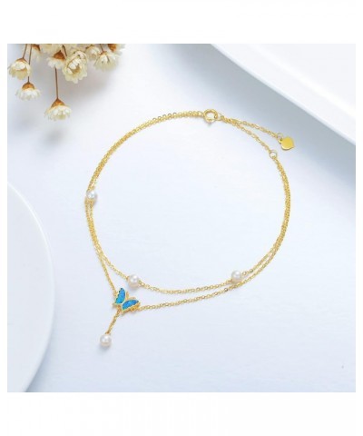 14K Real Gold Butterfly Anklets for Women Girls,Solid Gold Blue Opal Butterfly Ankle Bracelet Layered Foot Anklet Sea Beach J...