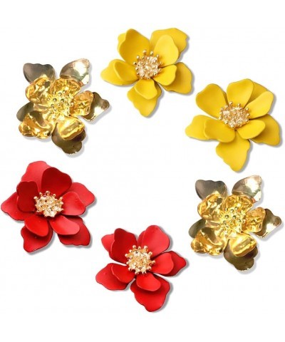 2 Pairs Chic Boho Matte Flower Statement Stud Earrings Set with Gold Flower Bud for Women Sister Mom Lover and Friends Red+Br...