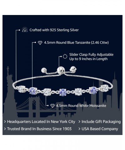 925 Sterling Silver Round White Moissanite and Blue Tanzanite Tennis Bracelet For Women (2.46 Cttw, Gemstone Birthstone, Roun...