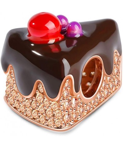 Black Forest Gateau Cute 3D Chocolate Cake Charm 18K Rose Gold Plated Sterling Silver Crystal Charms Beads Pendants Sweet Cak...