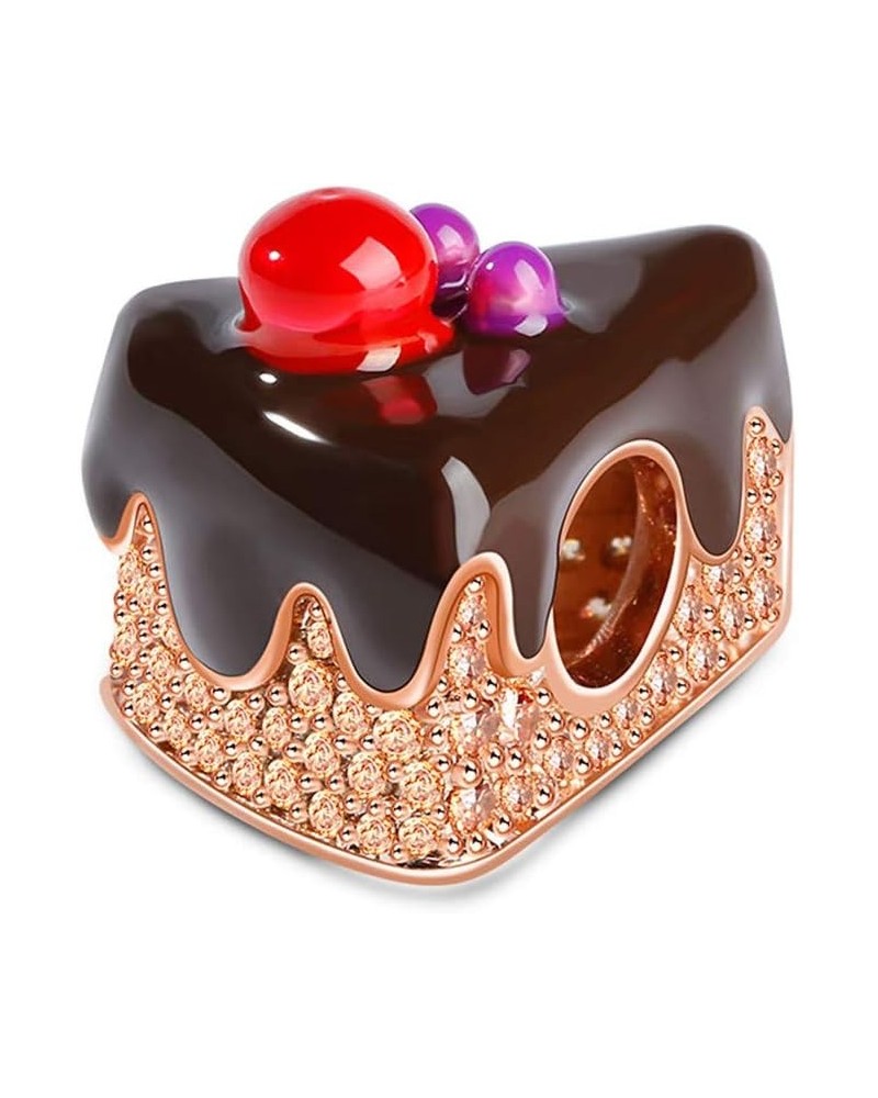 Black Forest Gateau Cute 3D Chocolate Cake Charm 18K Rose Gold Plated Sterling Silver Crystal Charms Beads Pendants Sweet Cak...