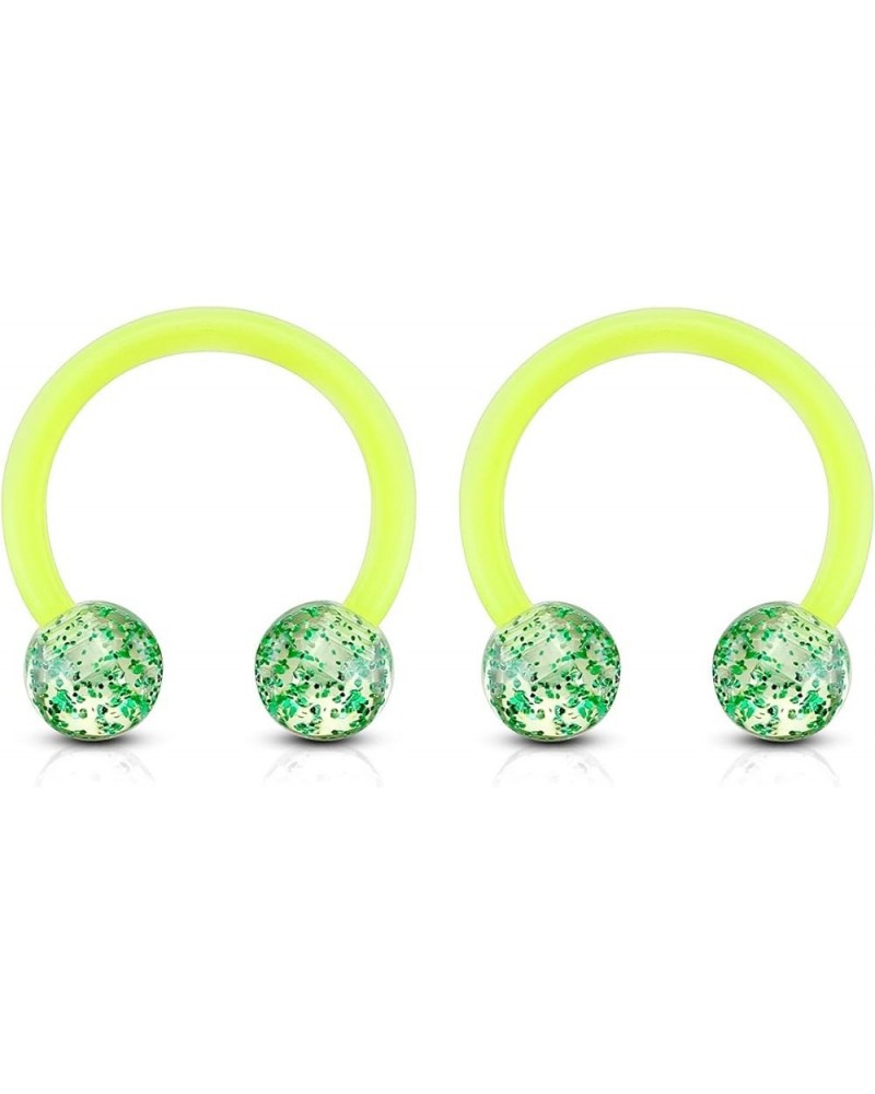 16GA Acrylic Ultra Glitter Ball Ends Flexible Horseshoe Circular Barbells, Sold as a Pair Green $6.96 Body Jewelry