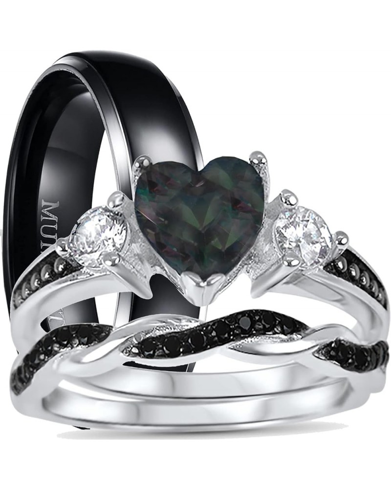 His Hers Wedding Ring Set TRIO 3 PCS Simulated Black Topaz Bridal Set Silver Black Titanium Him Her Her 8 - His 11 $40.85 Sets