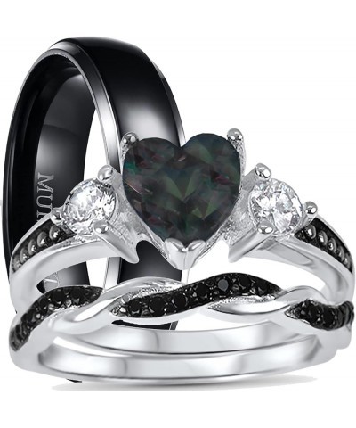 His Hers Wedding Ring Set TRIO 3 PCS Simulated Black Topaz Bridal Set Silver Black Titanium Him Her Her 8 - His 11 $40.85 Sets