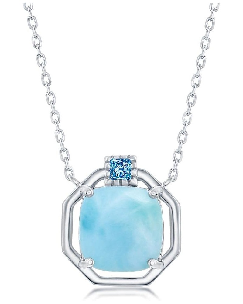 Princess Cushion-Cut Natural Larimar Gemstone with Simulated Diamond CZ Hexagon-Shaped Pendant 16+2” Necklace Sterling Silver...