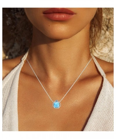 Princess Cushion-Cut Natural Larimar Gemstone with Simulated Diamond CZ Hexagon-Shaped Pendant 16+2” Necklace Sterling Silver...