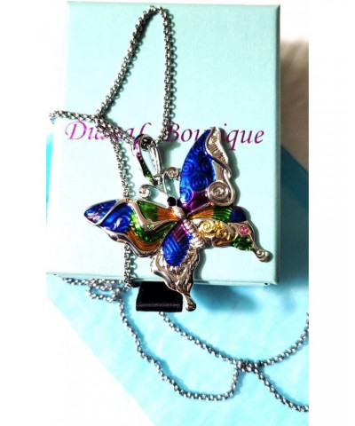 Silvertone Colorful Butterfly Pendant Necklace 24" Stainless Steel Chain $10.97 Necklaces