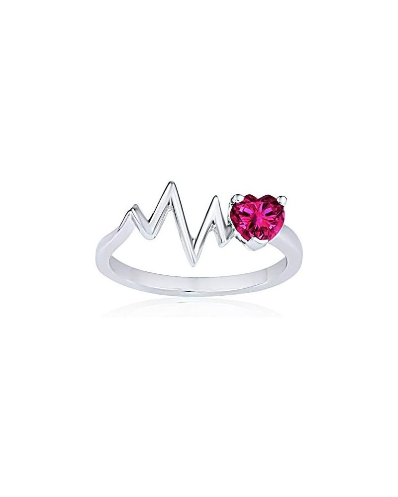 Solid White Platinum Plated 925 Sterling Silver Heart Shaped Pink Sapphire Heartbeat Ring $38.95 Rings