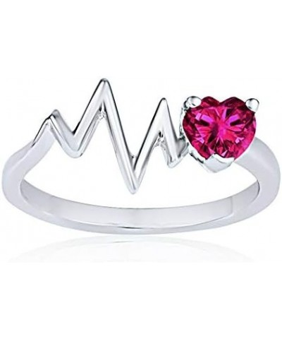 Solid White Platinum Plated 925 Sterling Silver Heart Shaped Pink Sapphire Heartbeat Ring $38.95 Rings