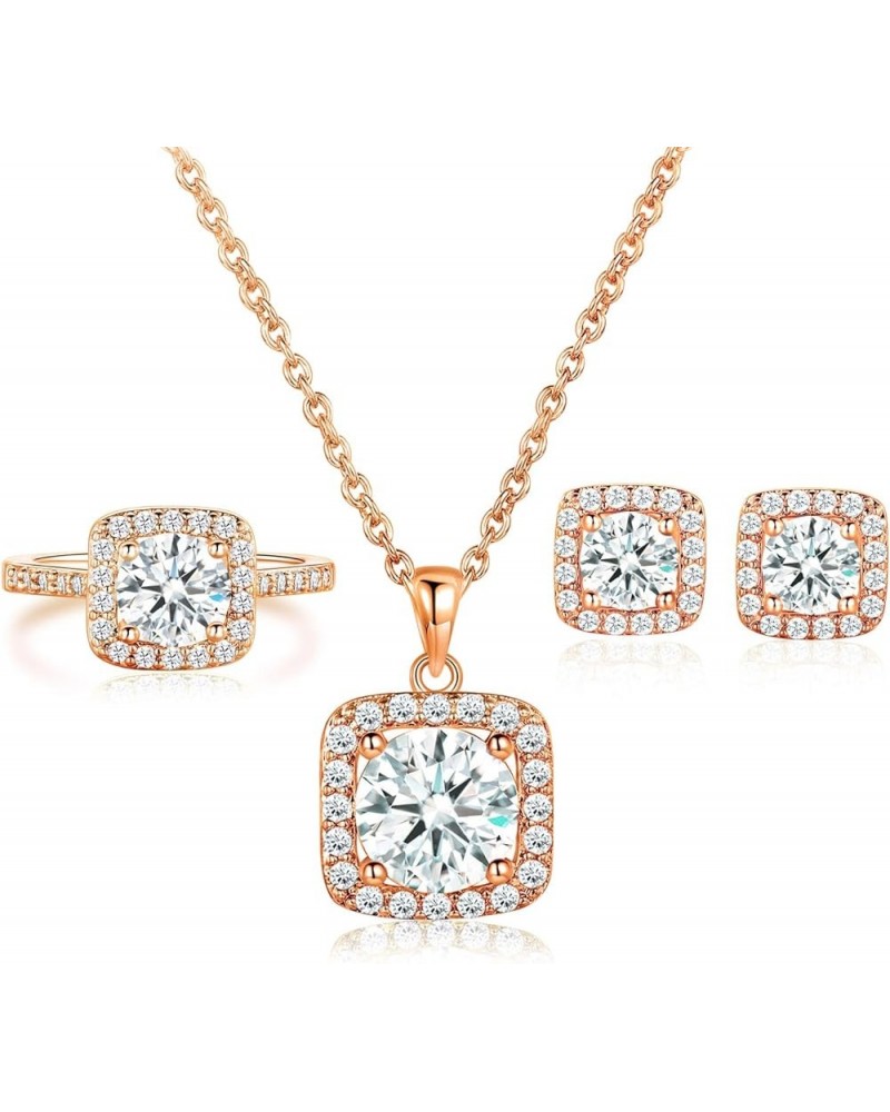 Jewelry Set for Women, 18K Rose Gold Plated Halo Cubic Zirconia Necklace/Earrings/Rings Wedding Hypoallergenic Jewelry Three-...