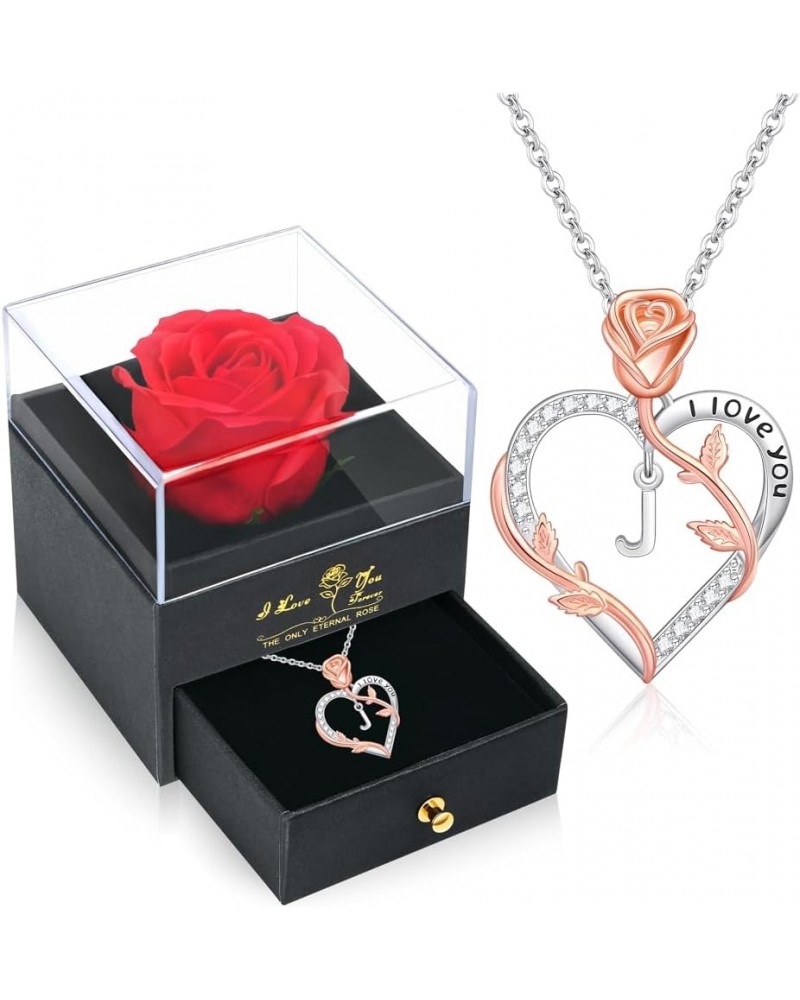 Rose Gift for Women Preserved Red Rose with I Love You Initial Necklace Eternal Love Letter Heart Pendant Necklace for Women ...