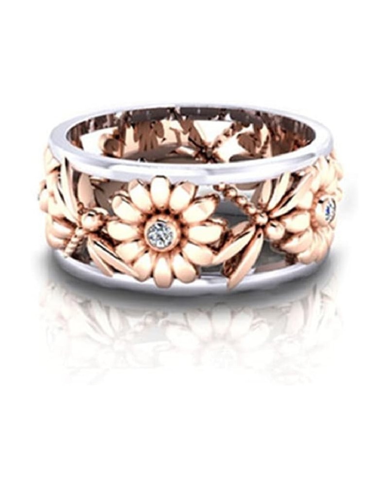 Elegant Rose Gold Plated S925 Silver Sunflower Chrysanthemum Dragonfly Daisy Hollow Two-tone Women's Ring Bridal Wedding Gift...