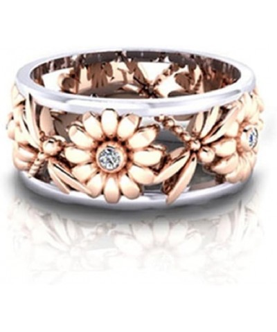 Elegant Rose Gold Plated S925 Silver Sunflower Chrysanthemum Dragonfly Daisy Hollow Two-tone Women's Ring Bridal Wedding Gift...