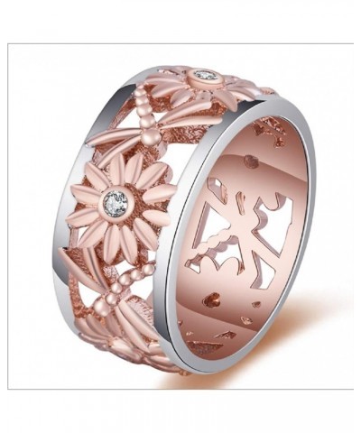 Elegant Rose Gold Plated S925 Silver Sunflower Chrysanthemum Dragonfly Daisy Hollow Two-tone Women's Ring Bridal Wedding Gift...