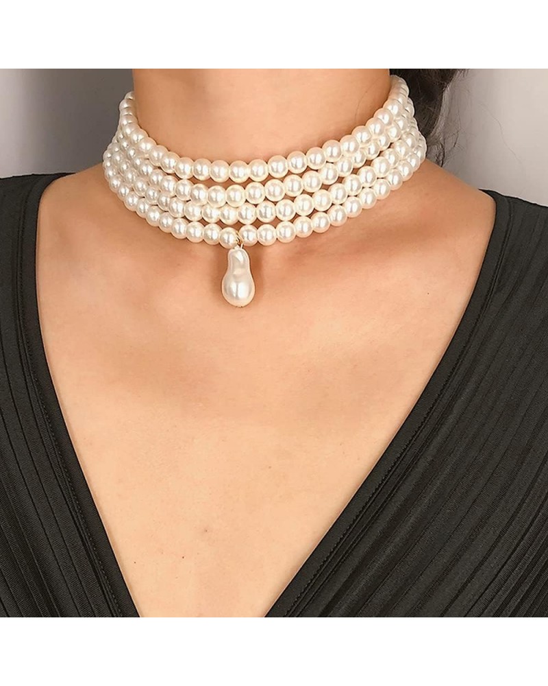 Imitation Pearl Choker Necklace Vintage Multi Strands Pearl Pendant Necklace 20s Flapper Necklace for Women Girls Round $8.79...