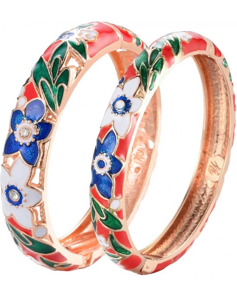 Vintage Cloisonne Jewelry Handcrafted Bracelets Gorgeous Enameled Flower Gold Plated Cuff Bangles Gifts 88A A11-Flower (2 Pcs...