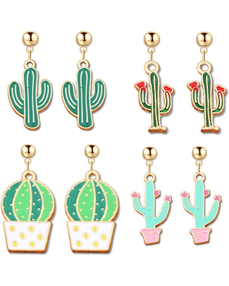 4 Pairs Cactus Earrings Set for Women Girls Vintage 18k Gold Plated Enamel Green Tropical Desert Potted Plants Dangle Drop St...