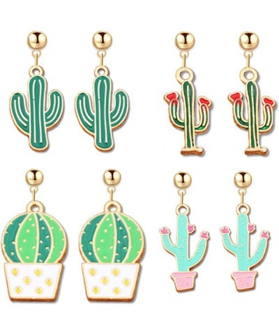 4 Pairs Cactus Earrings Set for Women Girls Vintage 18k Gold Plated Enamel Green Tropical Desert Potted Plants Dangle Drop St...