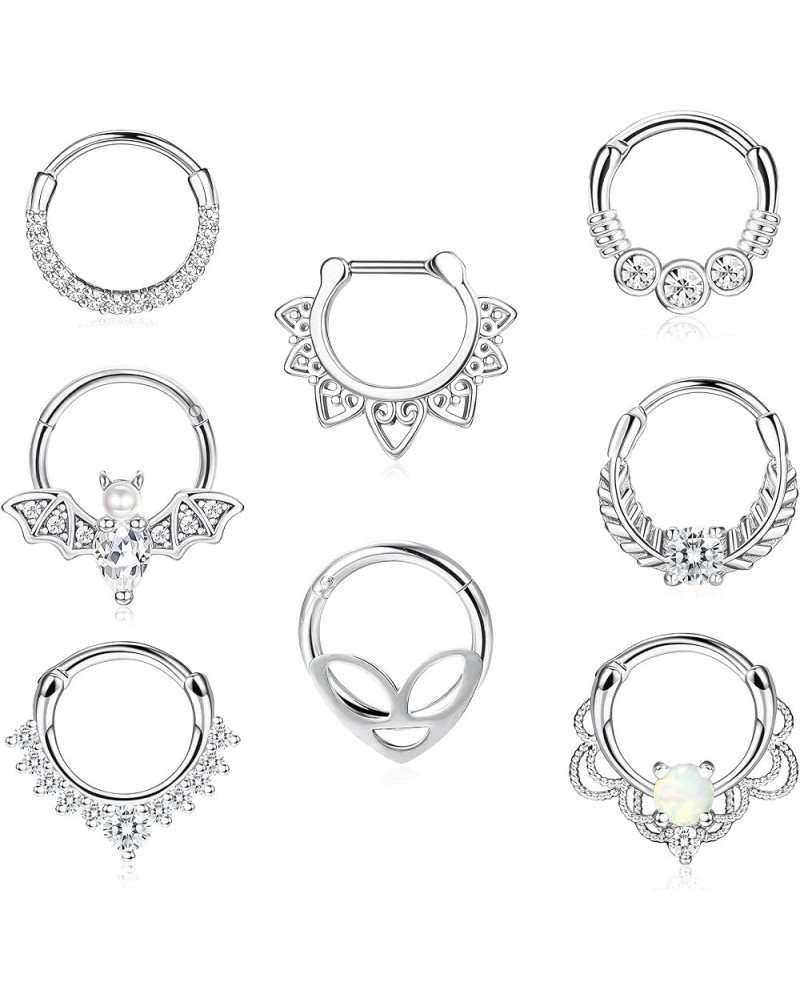 8MM Septum Rings 16G Daith Earrings Piercing Jewelry Surgical Stainless Steel CZ Opal Septum Clicker Rings Alien Bat Septum H...