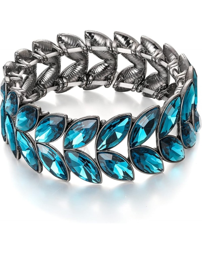 Art Deco Wrist Jewelry for Prom Layered Marquise Crystal Leaf Elastic Stretch Bracelet for Women Sea Blue Black-Tone $12.53 B...