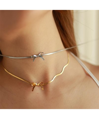 Bow Necklace for Women 14K Gold Plated Bow Choker Ribbon Necklaces Minimalist Simple Dainty Jewelry Gift Silver $9.51 Necklaces