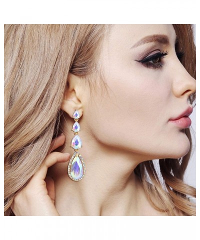 Women's Elegant Wedding Bridal Multi Teardrop Long Chandelier Dangle Earrings Iridescent AB Gold-Tone $10.00 Earrings