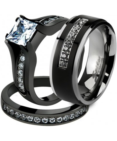 Her and His 3 Piece Black Stainless Steel Engagement Wedding Ring Set and Titanium Band Size Women's 08 Men's 12 $23.29 Sets