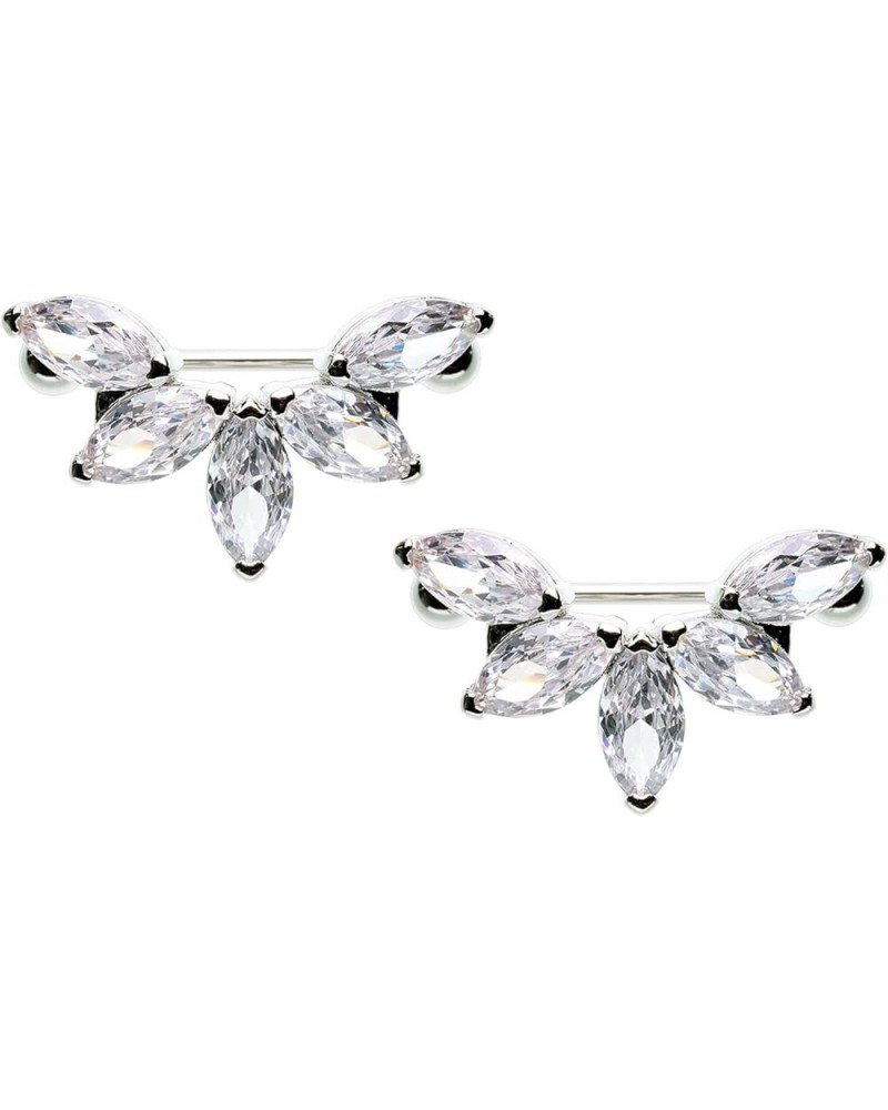 14GA Stainless Steel CZ Crystal Floral Lotus Marquise Nipple Shields, Sold as a Pair Silver Tone $12.78 Body Jewelry