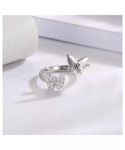 Silver Butterfly Stackable Initial Ring Capital Letter Rings Jewelry Gifts for Women Girls Teen R $11.27 Rings