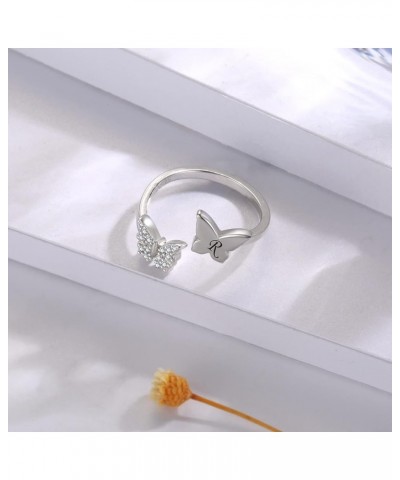 Silver Butterfly Stackable Initial Ring Capital Letter Rings Jewelry Gifts for Women Girls Teen R $11.27 Rings