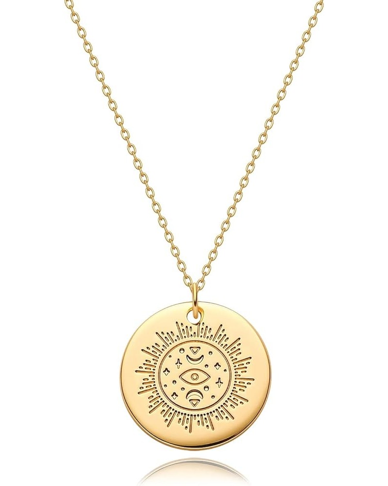 Women Gold Necklace Coin Disc Celestial Patterned Engraved Pendant 14K Gold Plated Simple Personalized Dainty Chain Jewelry G...