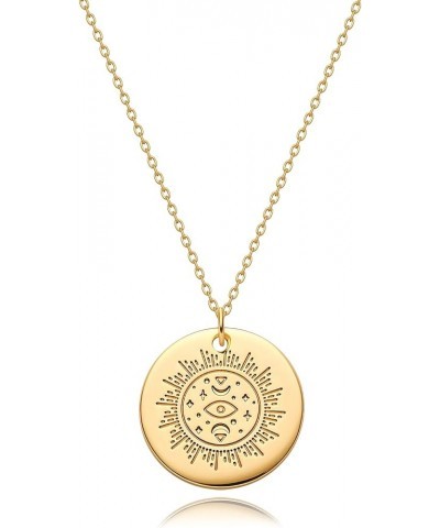 Women Gold Necklace Coin Disc Celestial Patterned Engraved Pendant 14K Gold Plated Simple Personalized Dainty Chain Jewelry G...