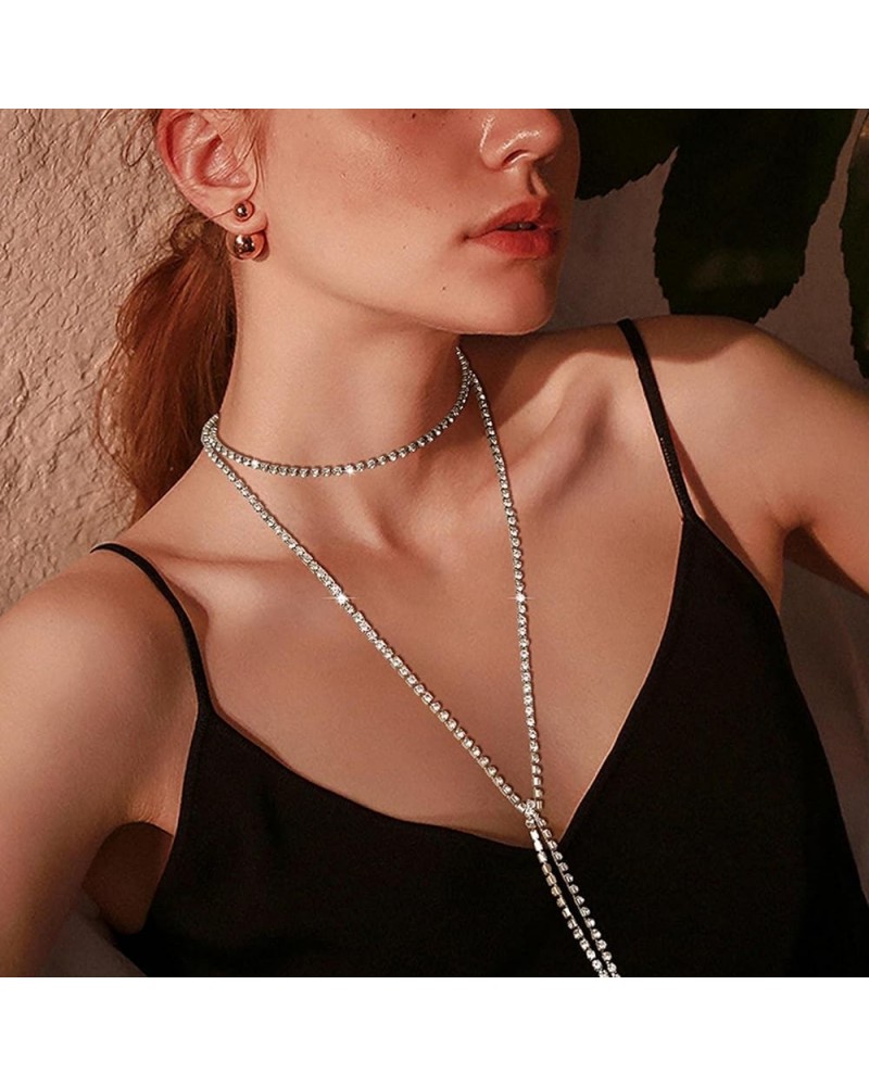 Cubic Zirconia Tennis Necklace Long Rhinestone Chain Drop Y Necklace Layered Tennis Choker Minimalist Long Crystal Chain Lari...