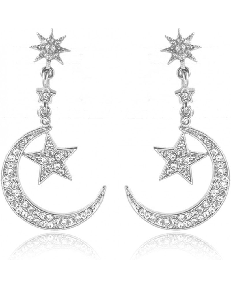 S925 Sterling Silver Star Moon Earrings Rhinestone Crystal Star Moon Tassels Dangle Drop Earrings Dainty Lucky Star Crescent ...