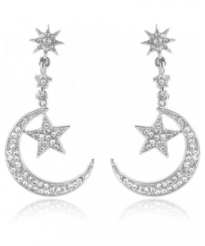 S925 Sterling Silver Star Moon Earrings Rhinestone Crystal Star Moon Tassels Dangle Drop Earrings Dainty Lucky Star Crescent ...