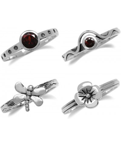 Set of 4 Gemstone 925 Sterling Silver Dragonfly and Flower Stackable Rings Jewelry for Women Multiple way of Wear Garnet $20....