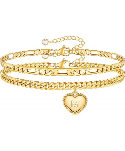 Gold Initial Ankle Bracelets for Women 14K Gold Plated Heart Initial Charm Gold Anklets for Women Cuban Figaro Bead Link Chai...