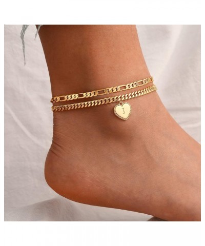 Gold Initial Ankle Bracelets for Women 14K Gold Plated Heart Initial Charm Gold Anklets for Women Cuban Figaro Bead Link Chai...