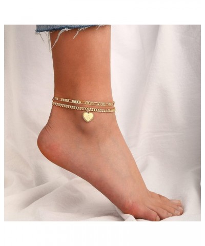 Gold Initial Ankle Bracelets for Women 14K Gold Plated Heart Initial Charm Gold Anklets for Women Cuban Figaro Bead Link Chai...