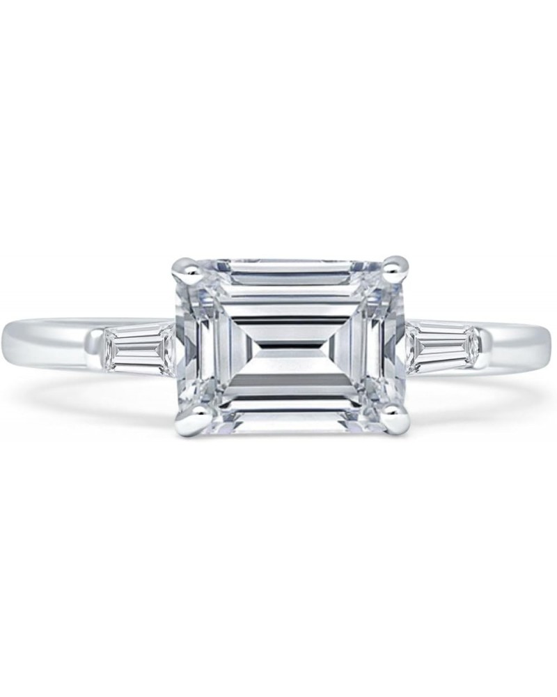 Three Stone Sideways Emerald Cut Ring Solitaire Classic Design Trio Ring Sparkling Cubic Zirconia Solid 925 Sterling Silver C...