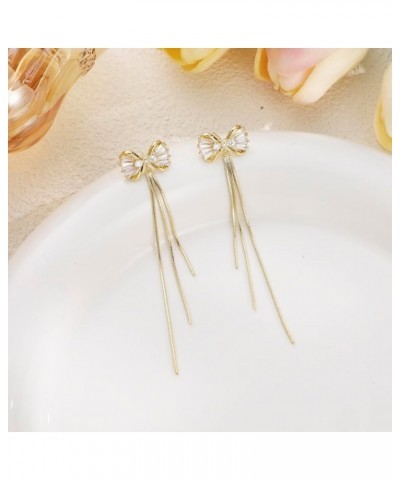 Gold Statement Bow Earrings 925 Sterling Silver Bow Dangly Earrings Cute Sparkly Earrings for Gift C-Gold-cz $10.59 Earrings