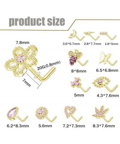 12pcs 20G Nose Rings Studs L Shaped Nose Studs Stainless Steel Nose Piercings Flower Heart Snake Butterfly Moon Nose Rings Pi...